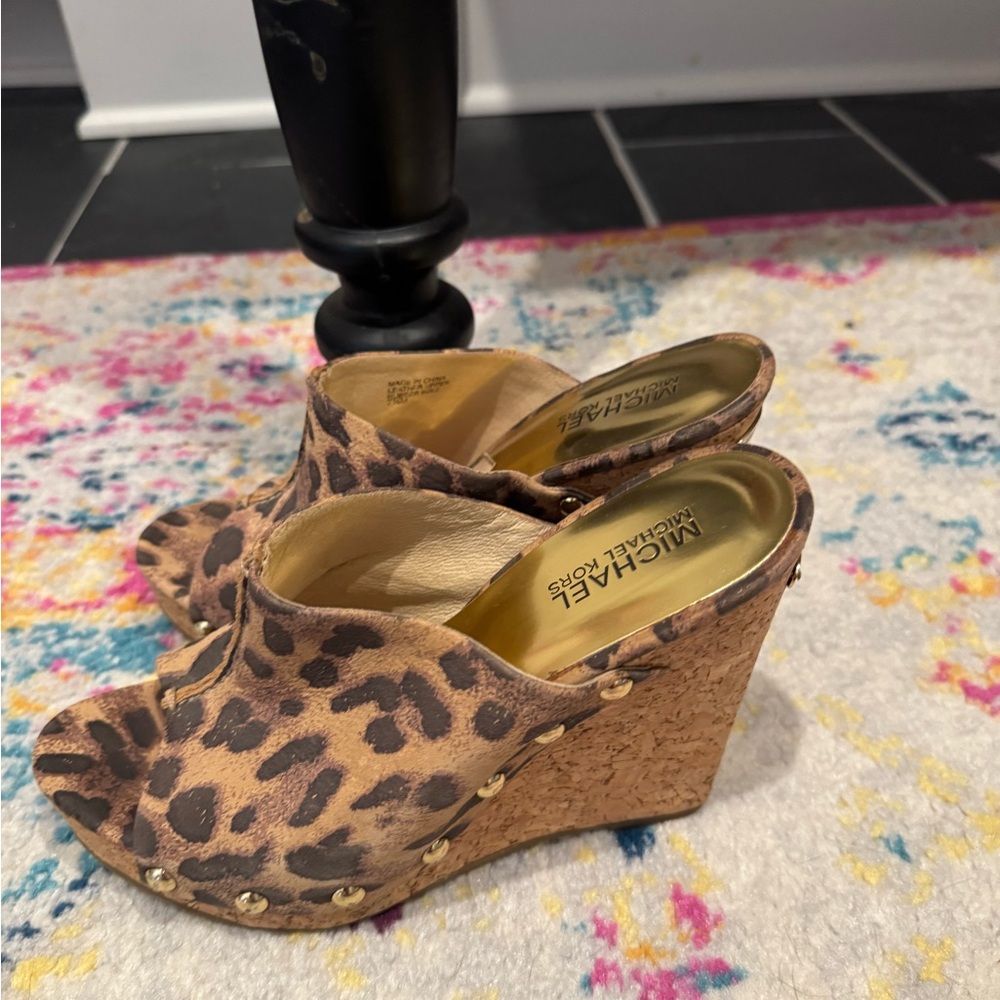 MICHAEL Michael Kors Leopard Print Cork Wedge Mules - Brown